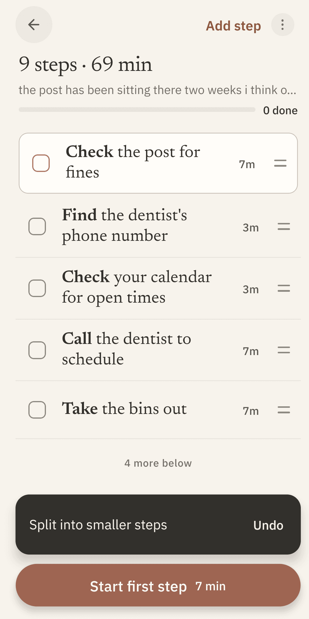 The checklist after one step was split: where "Book the dentist appointment" was, three shorter steps now sit, "Find the dentist’s phone number", "Check your calendar for open times" and "Call the dentist to schedule", with a toast at the foot of the screen offering to undo the split.