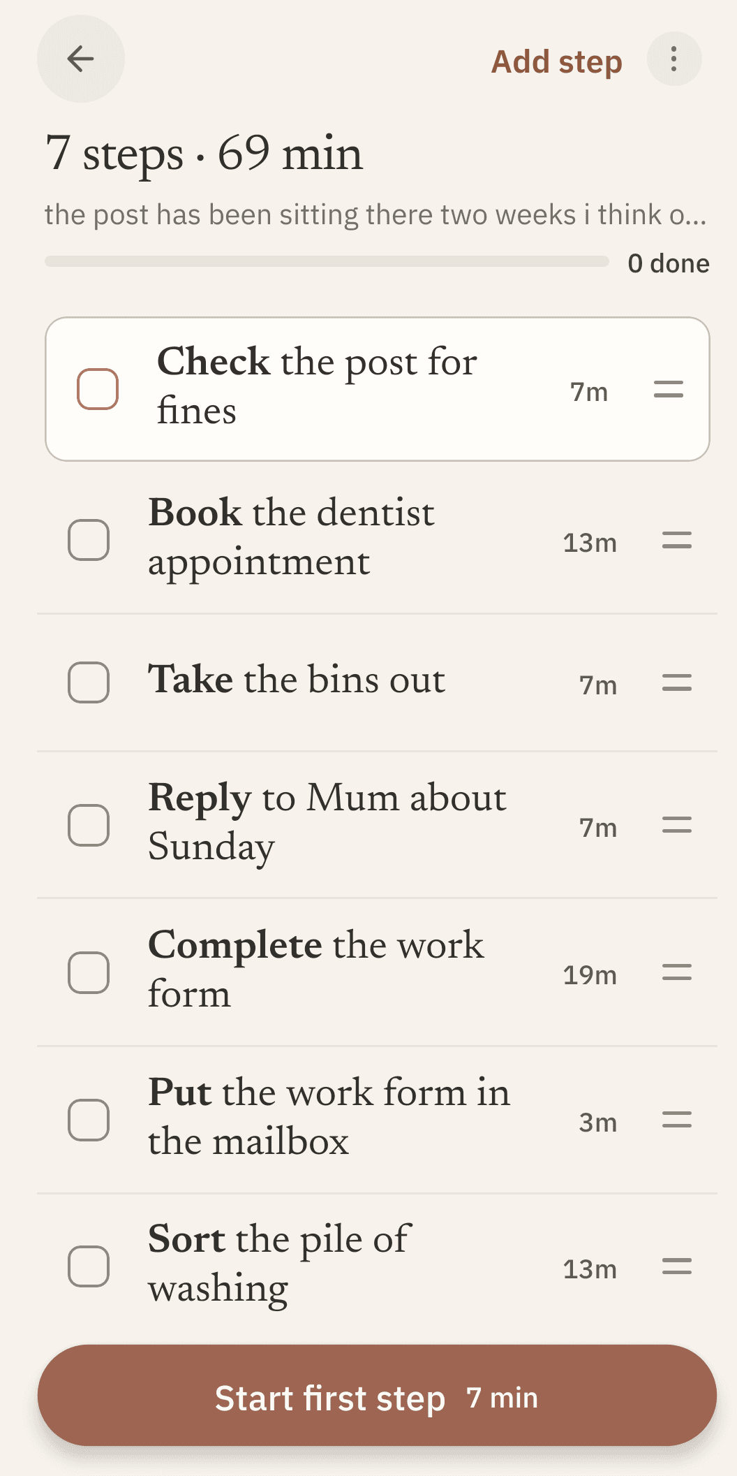 The checklist Chunkable generated from that exact brain dump: seven short steps, each capitalised and punctuated, each with its own time estimate from 3 to 19 minutes.
