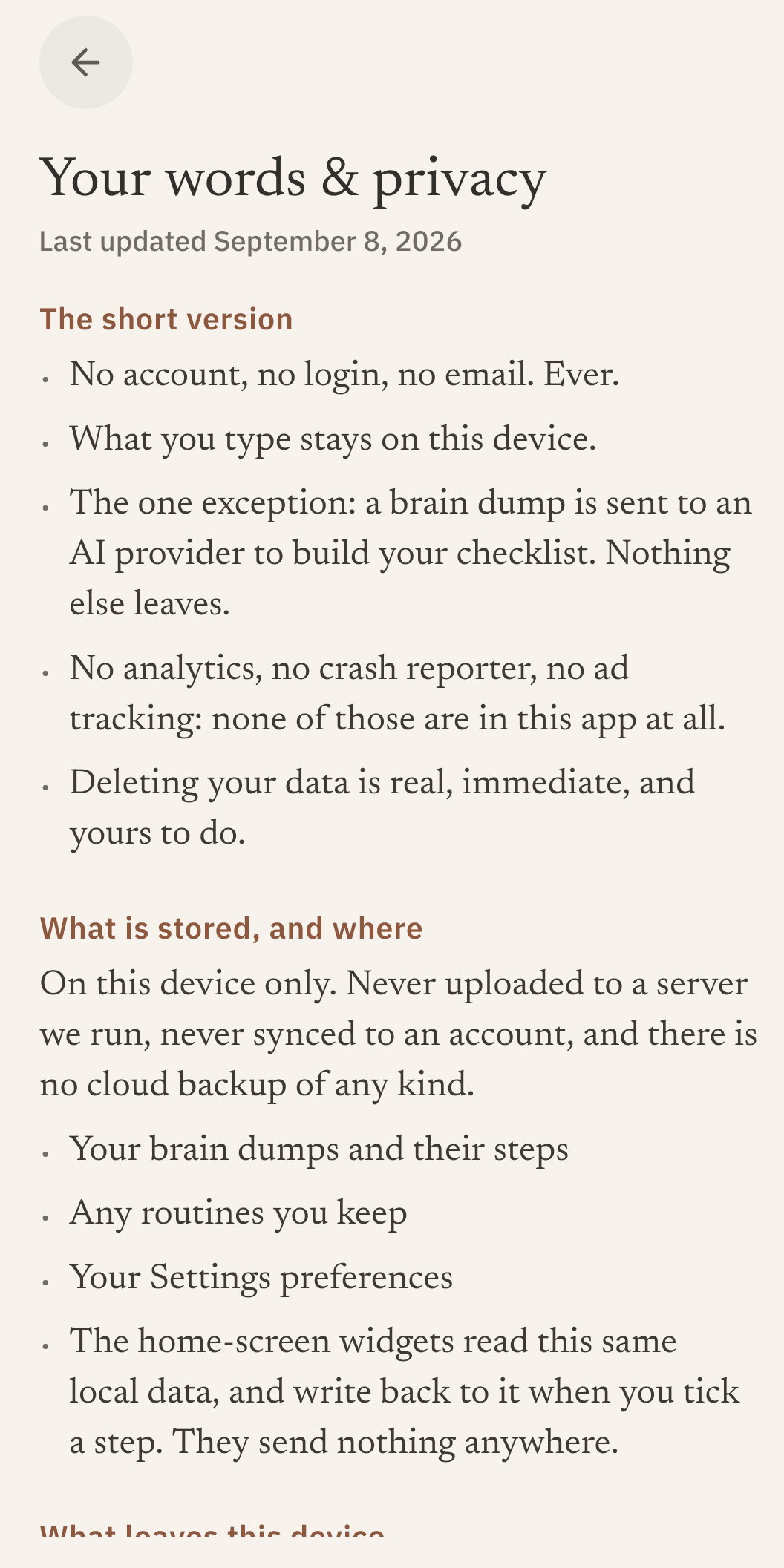 The in-app privacy screen headed "Your words & privacy", opening with a short version: no account, no login, no email, and what you type stays on the device.