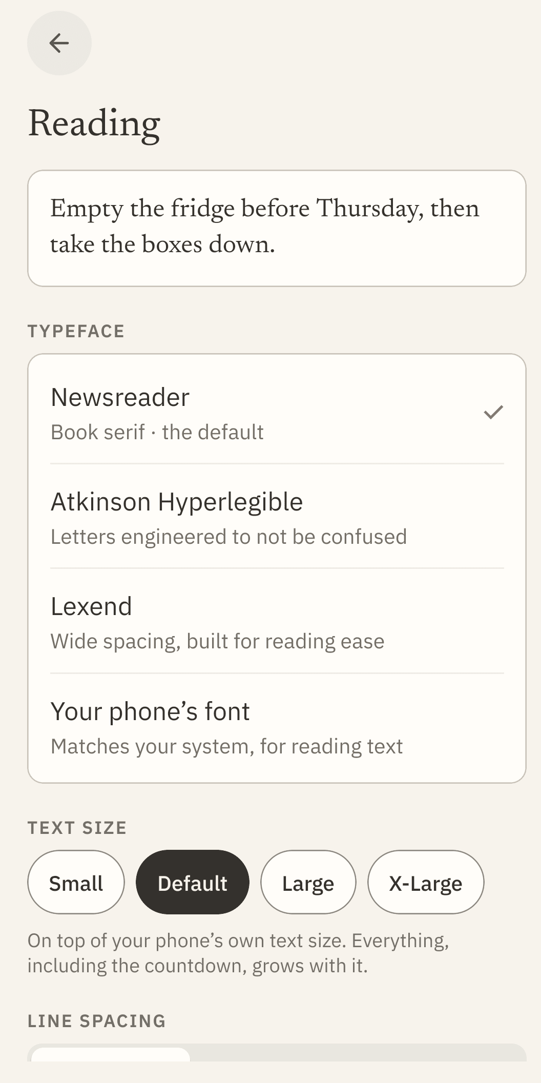 The Reading settings screen, offering text size options and a choice of typefaces, with a live sample paragraph updating above the controls.