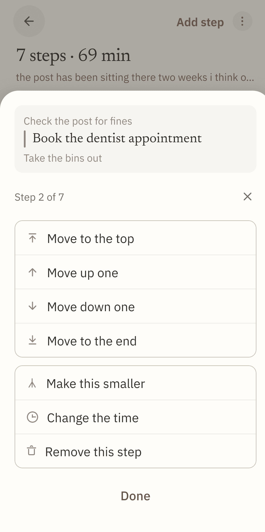 A sheet opened over the checklist for one step, showing that step between its two neighbours and "Step 2 of 7", then "Move to the top", "Move up one", "Move down one", "Move to the end", "Make this smaller", "Change the time" and "Remove this step".