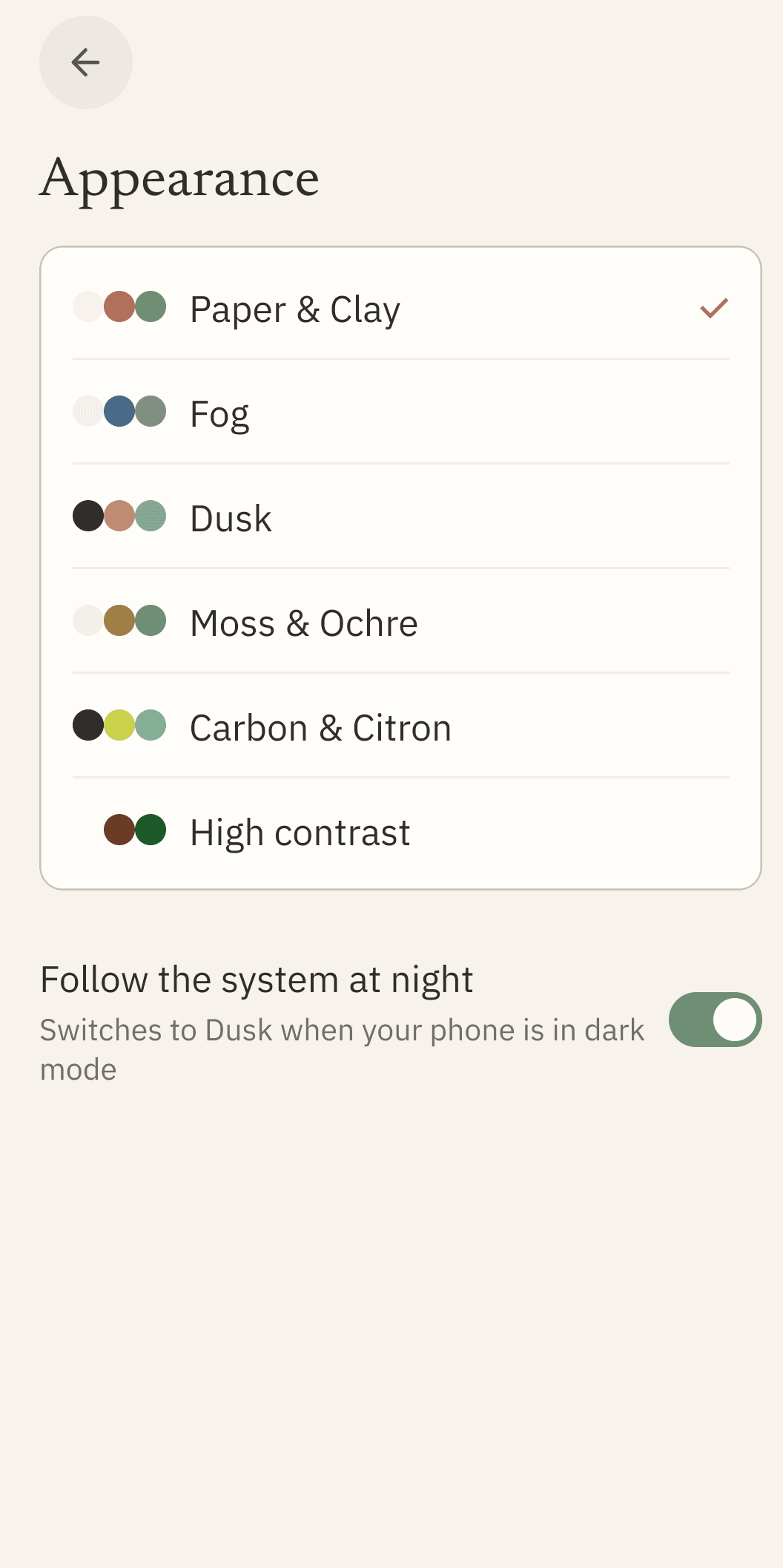 The Appearance settings screen listing six themes: Paper & Clay, Fog, Dusk, Moss & Ochre, Carbon & Citron, and High contrast, with a toggle to follow the system at night.