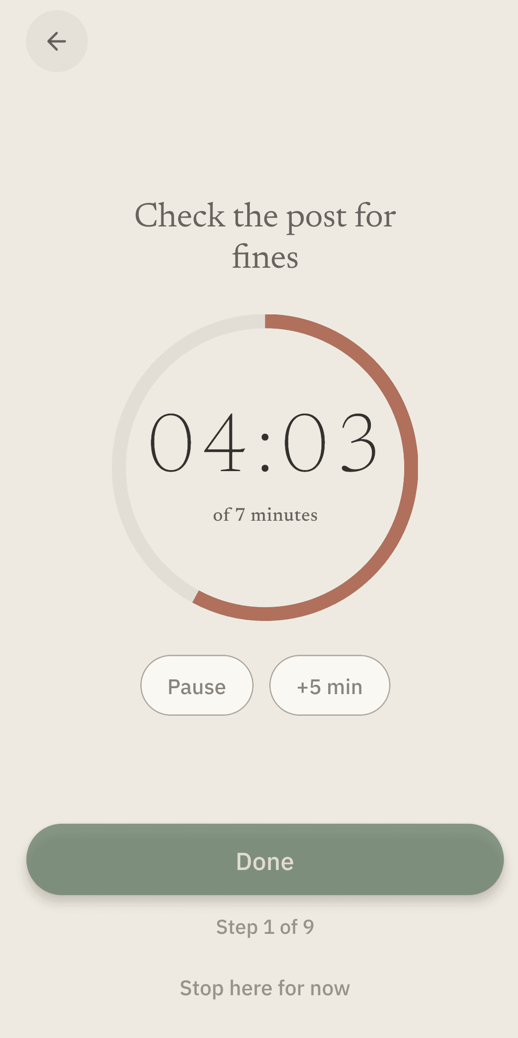 Chunkable's timer running on a real step: 4 minutes 3 seconds left of 7, with a clay arc filled most of the way round the ring to show the time already spent, Pause and +5 min controls, and a Done button below.